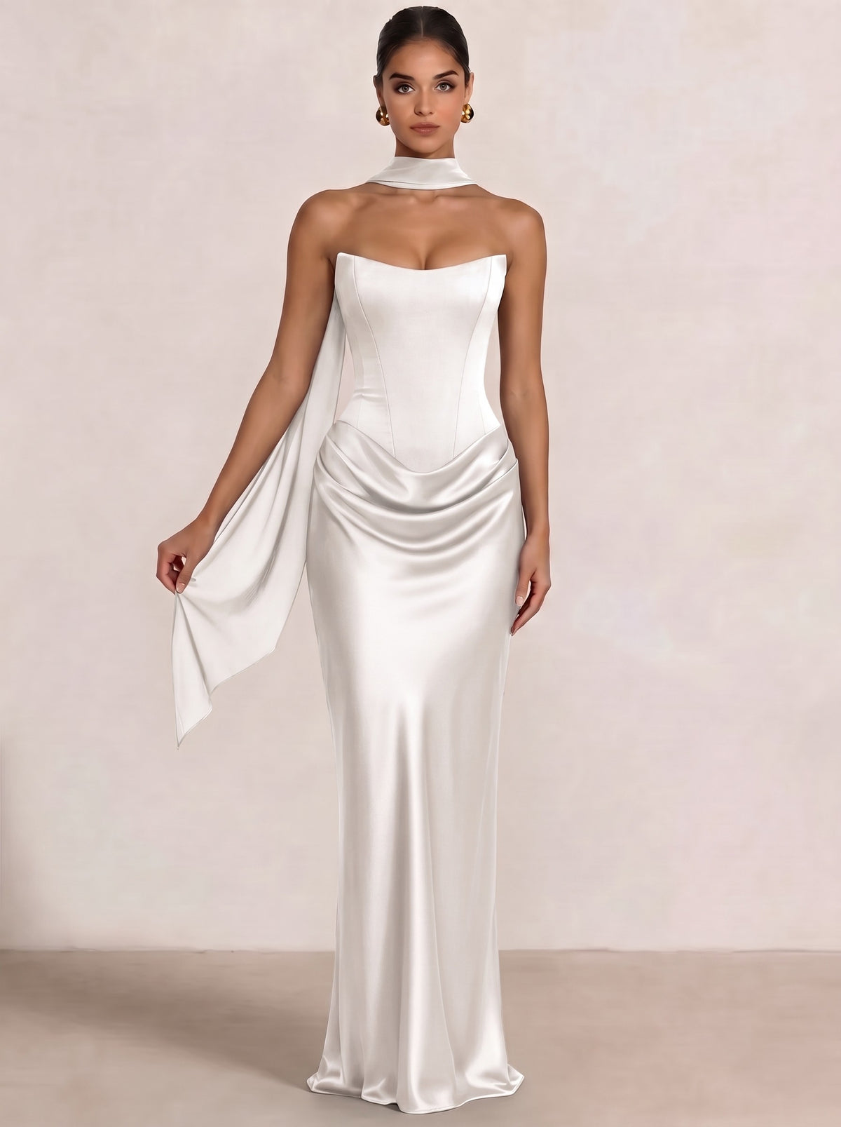 Sheath Column Wedding Guest Dresses Long Prom Corset Ruched Dress Floor-Length Long Satin Evening Dress With Detachable Scarf