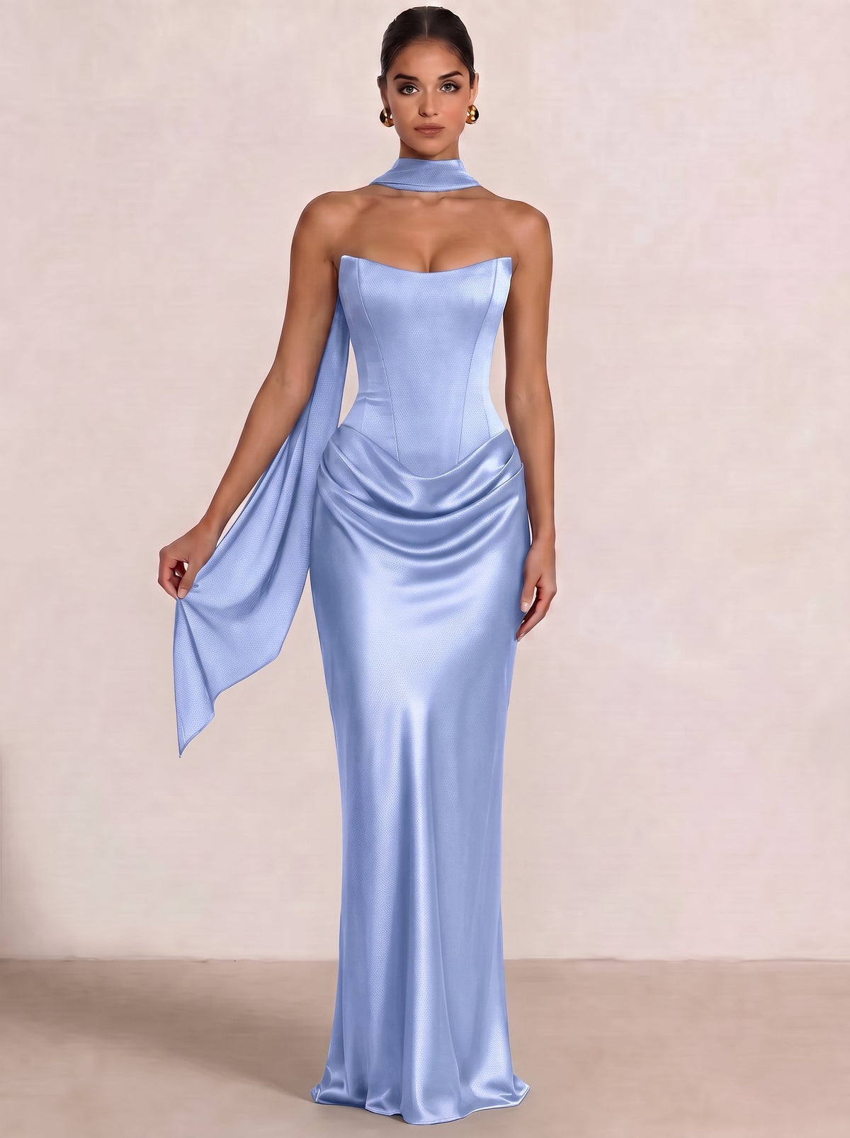 Sheath Column Wedding Guest Dresses Long Prom Corset Ruched Dress Floor-Length Long Satin Evening Dress With Detachable Scarf