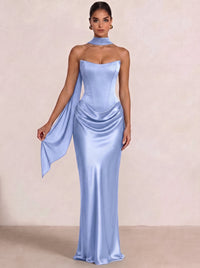 Sheath Column Wedding Guest Dresses Long Prom Corset Ruched Dress Floor-Length Long Satin Evening Dress With Detachable Scarf