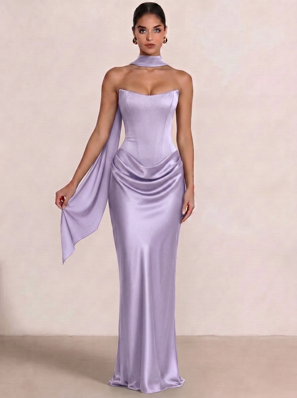 Sheath Column Wedding Guest Dresses Long Prom Corset Ruched Dress Floor-Length Long Satin Evening Dress With Detachable Scarf