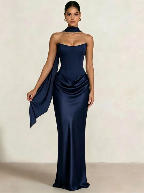 Sheath Column Wedding Guest Dresses Long Prom Corset Ruched Dress Floor-Length Long Satin Evening Dress With Scarf