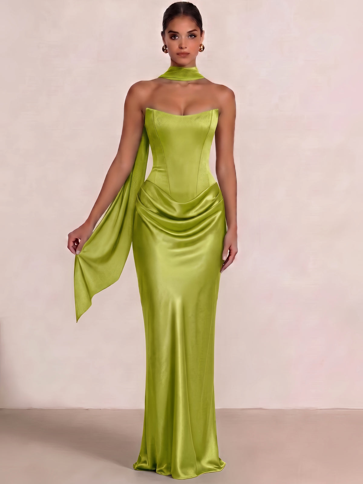 Sheath Column Wedding Guest Dresses Long Prom Corset Ruched Dress Floor-Length Long Satin Evening Dress With Detachable Scarf