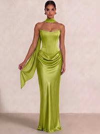 Sheath Column Wedding Guest Dresses Long Prom Corset Ruched Dress Floor-Length Long Satin Evening Dress With Detachable Scarf