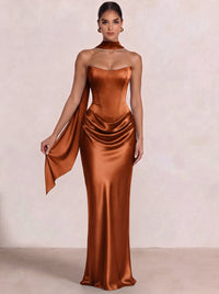 Sheath Column Wedding Guest Dresses Long Prom Corset Ruched Dress Floor-Length Long Satin Evening Dress With Detachable Scarf