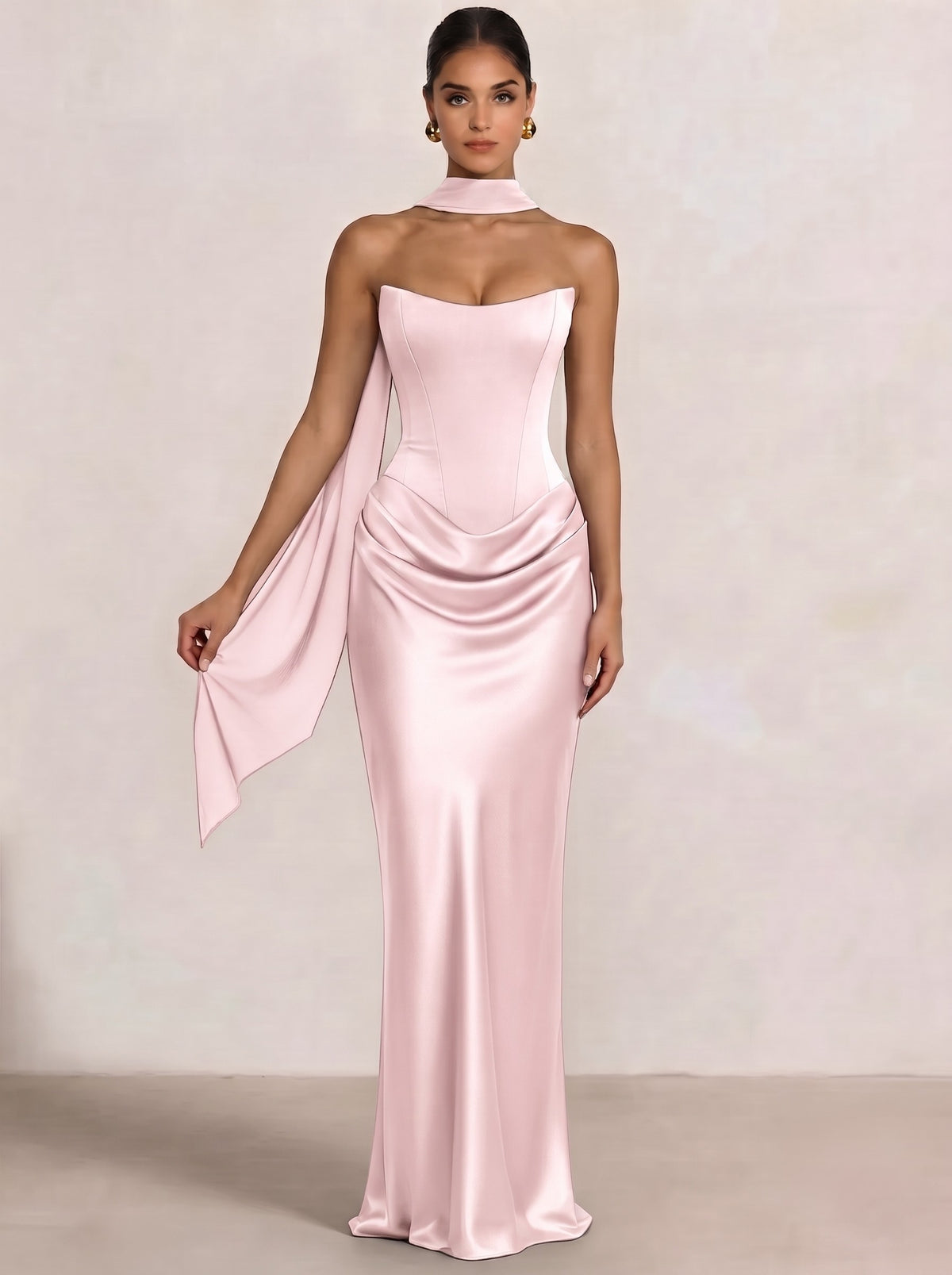 Sheath Column Wedding Guest Dresses Long Prom Corset Ruched Dress Floor-Length Long Satin Evening Dress With Detachable Scarf
