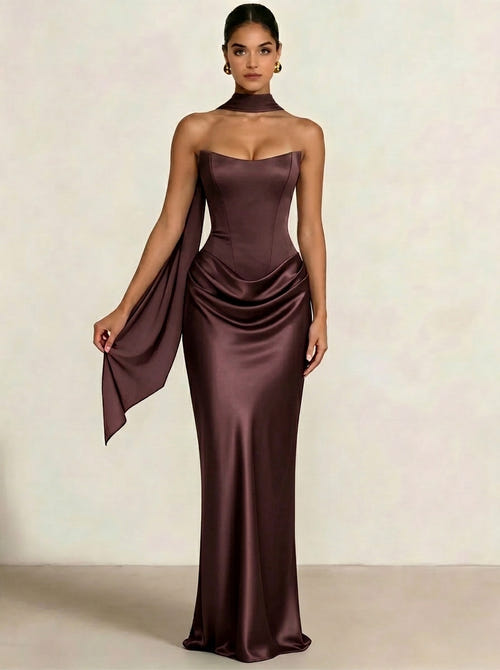 Sheath Column Wedding Guest Dresses Long Prom Corset Ruched Dress Floor-Length Long Satin Evening Dress With Scarf