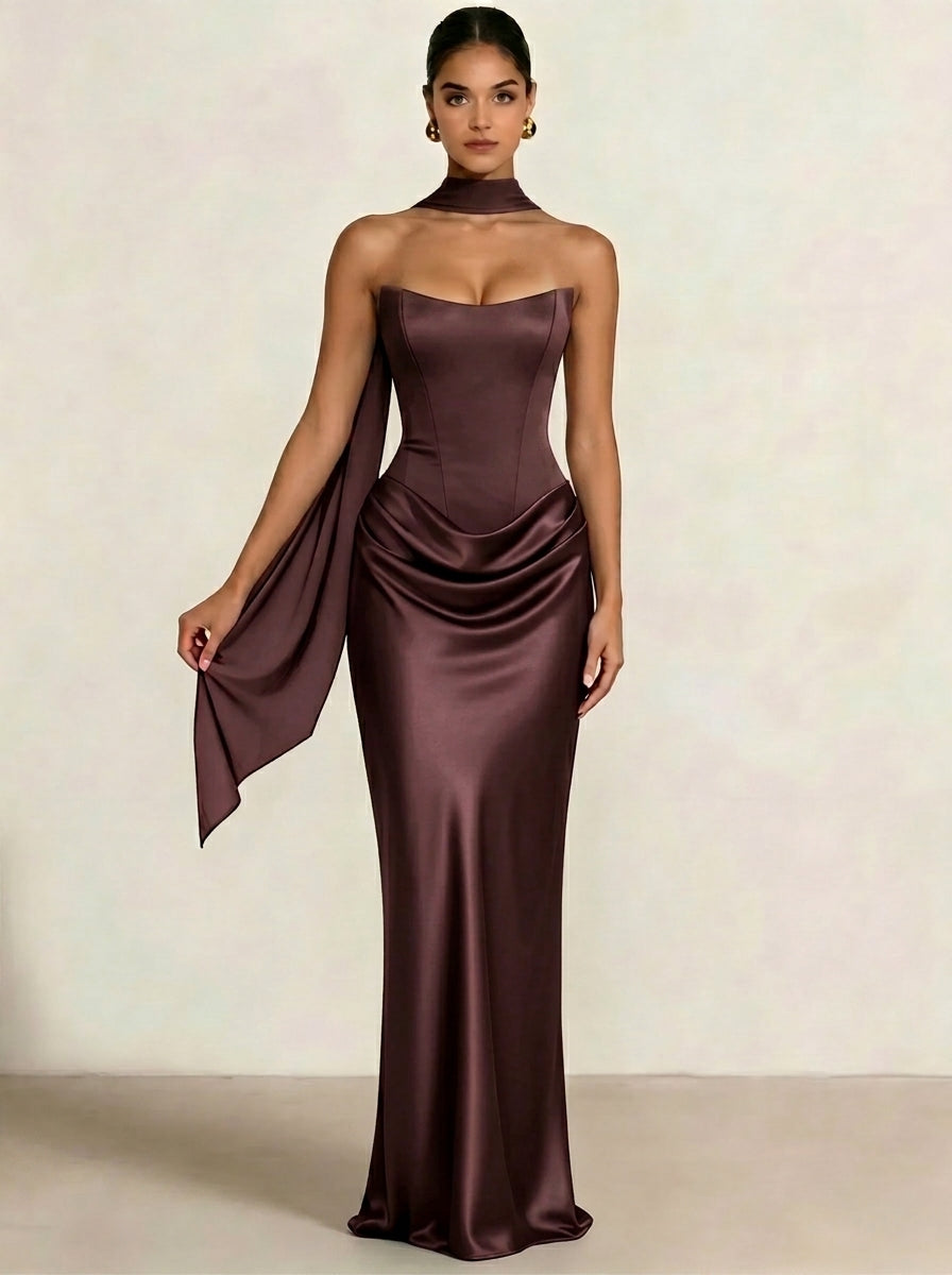 Nafori Champagne Sheath Column Wedding Guest Dresses Long Prom Corset Ruched Dress Floor-Length Long Satin Evening Dress With Detachable Scarf 2026