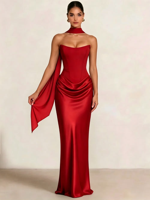 Sheath Column Wedding Guest Dresses Long Prom Corset Ruched Dress Floor-Length Long Satin Evening Dress With Scarf