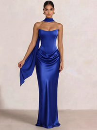 Sheath Column Wedding Guest Dresses Long Prom Corset Ruched Dress Floor-Length Long Satin Evening Dress With Detachable Scarf