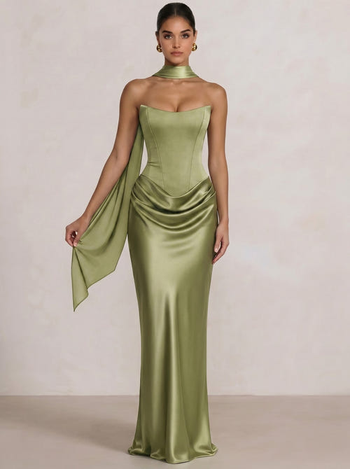 Sheath Column Wedding Guest Dresses Long Prom Corset Ruched Dress Floor-Length Long Satin Evening Dress With Detachable Scarf