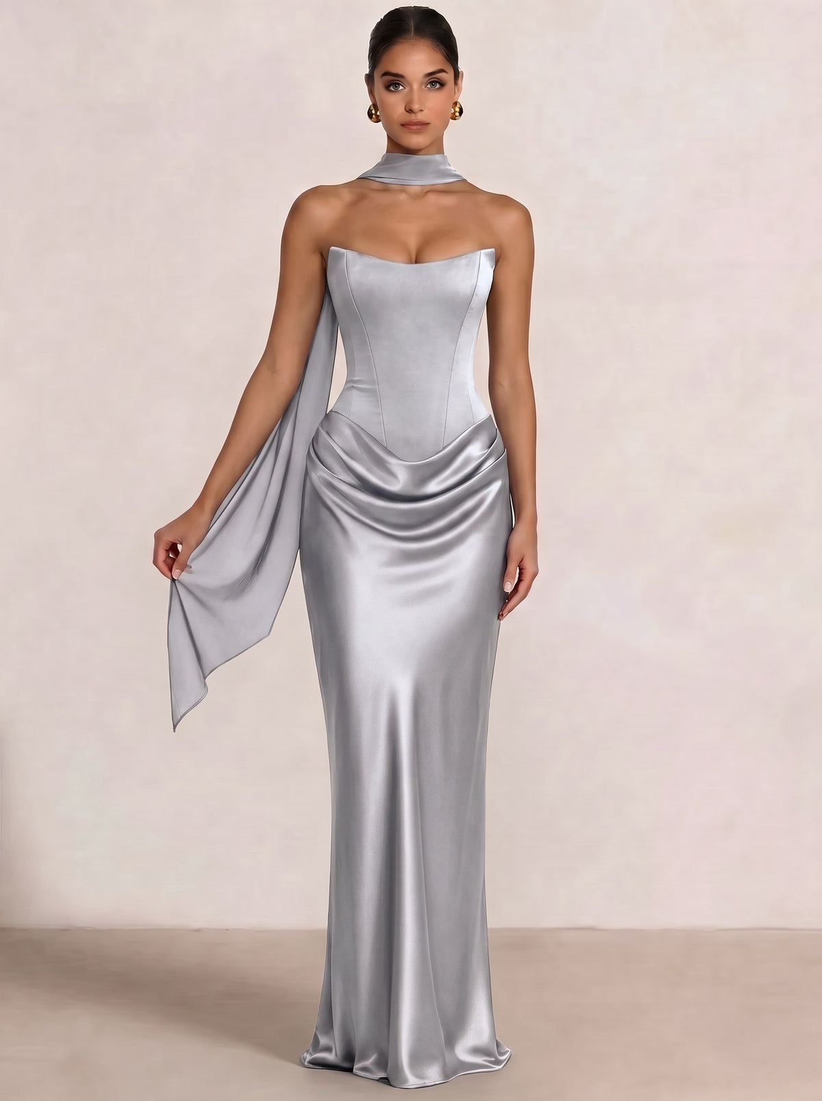 Sheath Column Wedding Guest Dresses Long Prom Corset Ruched Dress Floor-Length Long Satin Evening Dress With Detachable Scarf