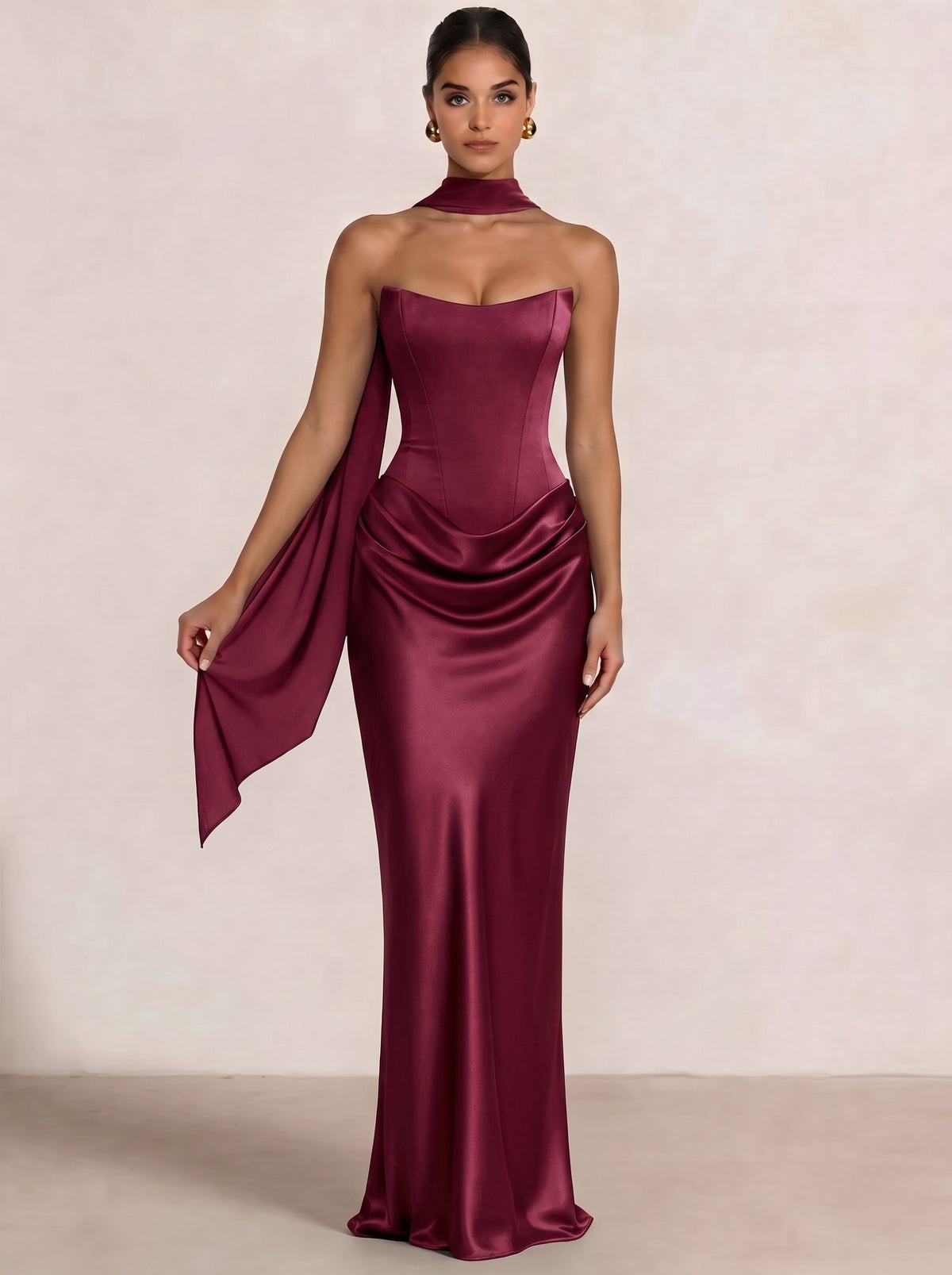 Nafori Plum Brown Sheath Column Wedding Guest Dresses Long Prom Corset Ruched Dress Floor-Length Long Satin Evening Dress With Detachable Scarf 2026