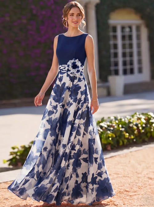 A-Line/Princess Evening Dress Elegant Fuchsia Floor-Length Boat Neck Floral Pleated Dress Formal Wedding Guest Gown