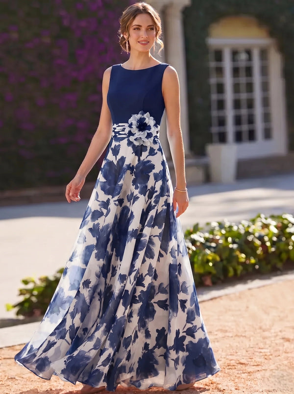 A-Line/Princess Evening Dress Elegant Fuchsia Floor-Length Boat Neck Floral Pleated Dress Formal Wedding Guest Gown