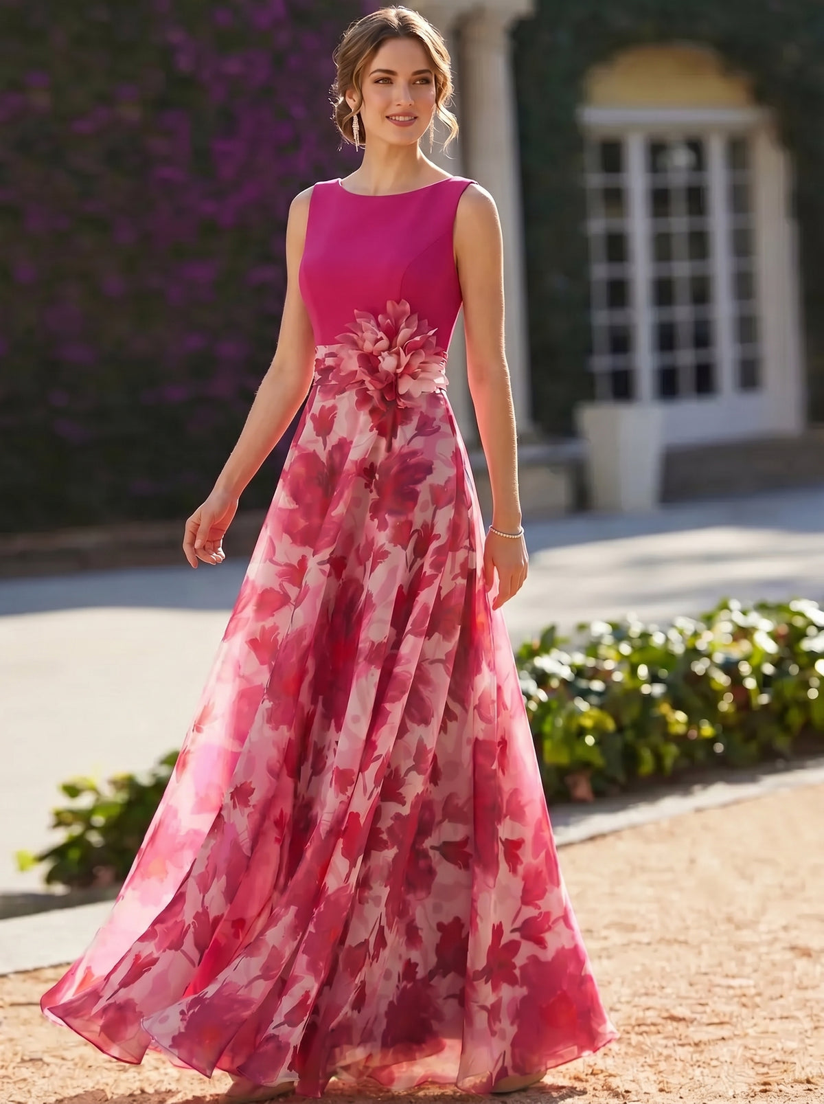 Nafori White A-Line/Princess Evening Dress Elegant Fuchsia Floor-Length Boat Neck Floral Pleated Dress Formal Wedding Guest Gown 2026