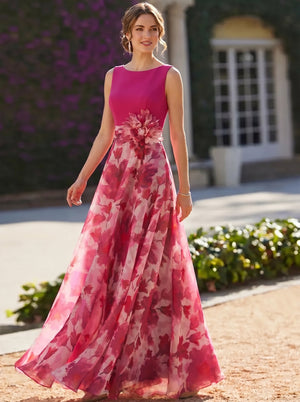 A-Line/Princess Evening Dress Elegant Fuchsia Floor-Length Boat Neck Floral Pleated Dress Formal Wedding Guest Gown