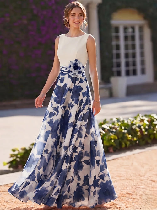 A-Line/Princess Evening Dress Elegant Fuchsia Floor-Length Boat Neck Floral Pleated Dress Formal Wedding Guest Gown