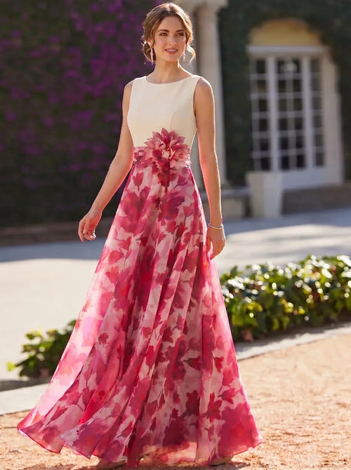 A-Line/Princess Evening Dress Elegant Fuchsia Floor-Length Boat Neck Floral Pleated Dress Formal Wedding Guest Gown