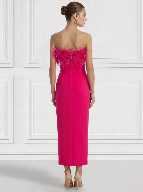 Sheath/Column Fur Cocktail Dress Strapless Ankle Length Party Dance Formal Dress With Feathers