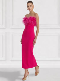 Sheath/Column Fur Cocktail Dress Strapless Ankle Length Party Dance Formal Dress With Feathers