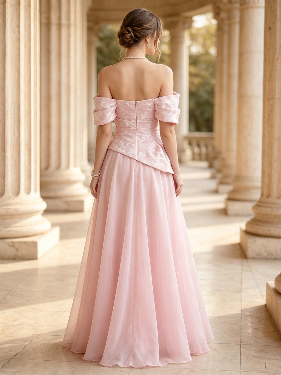 A-Line/Princess Elegant Evening Dresses Jacquard Chiffon Off-The-Shoulder 1/2 Sleeves Floor-Length Scalloped Neck Ruched Pleated Wedding Guest