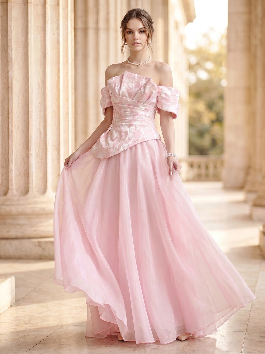 A-Line/Princess Elegant Evening Dresses Jacquard Chiffon Off-The-Shoulder 1/2 Sleeves Floor-Length Scalloped Neck Ruched Pleated Wedding Guest