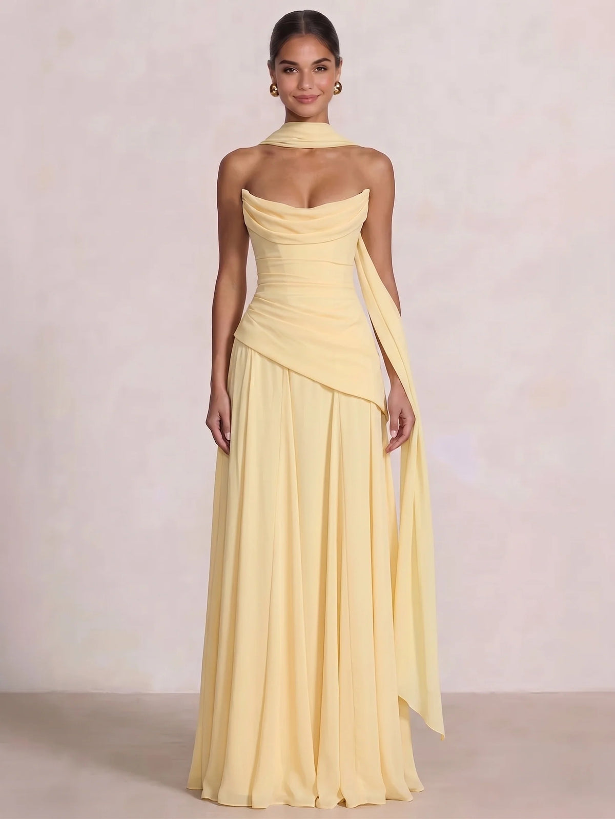 Nafori Yellow A Line/Princesses Prom Evening Dresses Ruched Chiffon Strapless Wedding Floor-Length Formal Dress Wedding Guest With Scarf 2026