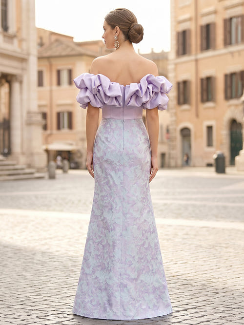Mermaid Elegant Evening Dresses Prom Dresses Jacquard Satin Sleeveless Floor-Length Off-The-Shoulder Oversized Ruffles Wedding Guest