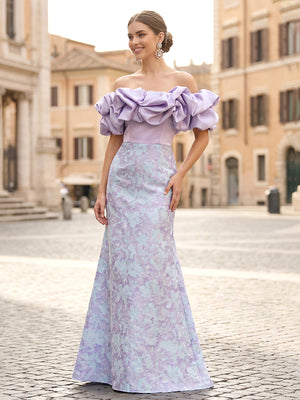 Mermaid Elegant Evening Dresses Prom Dresses Jacquard Satin Sleeveless Floor-Length Off-The-Shoulder Oversized Ruffles Wedding Guest
