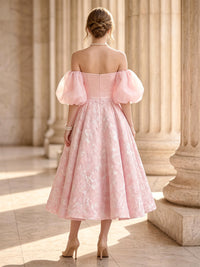 A-Line/Princess Elegant Cocktail Dresses Jacquard Satin Off-The-Shoulder 1/2 Sleeves Tea-Length Strapless Zipper Wedding Guest