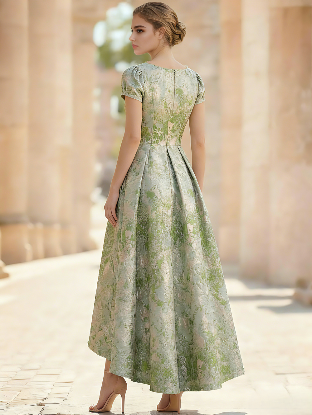 A-Line Cocktail Dress Elegant Jacquard Floral Dress High Low Tea Length Short Sleeves Round Neck with Pocket Wedding Guest Dress