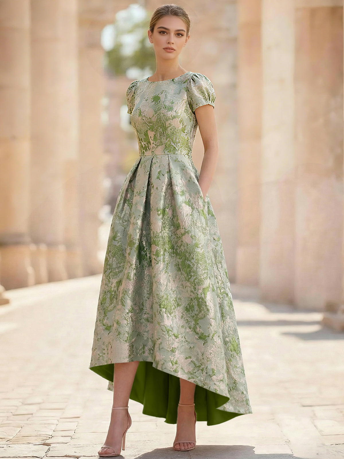 Nafori Ivory A-Line Cocktail Dress Elegant Jacquard Floral Dress High Low Tea Length Short Sleeves Round Neck with Pocket Wedding Guest Dress 2026