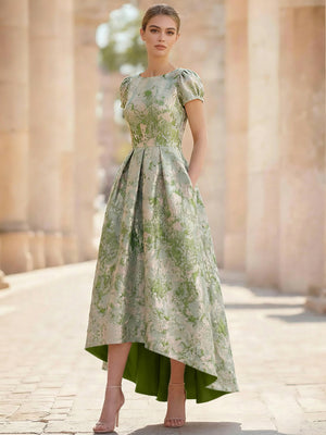 A-Line Cocktail Dress Elegant Jacquard Floral Dress High Low Tea Length Short Sleeves Round Neck with Pocket Wedding Guest Dress