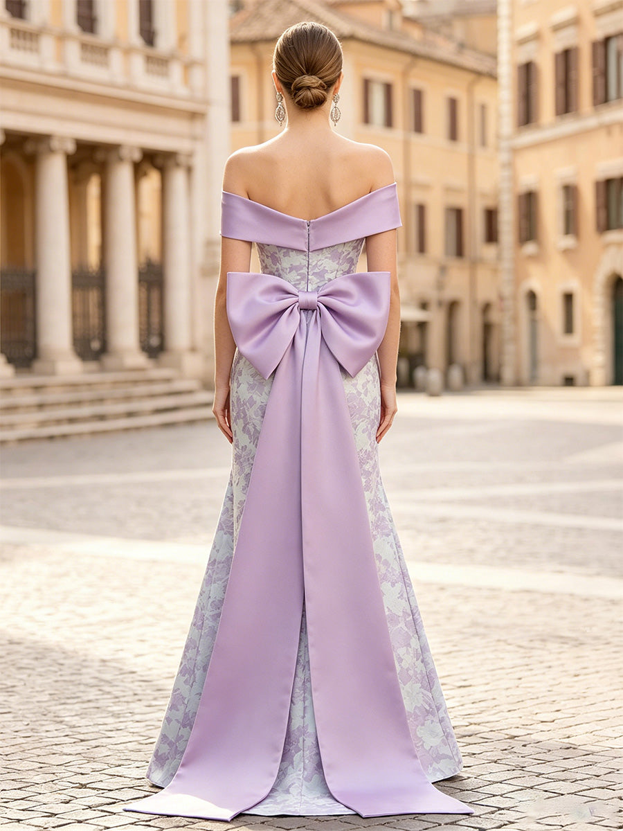 Mermaid Elegant Evening Dresses Jacquard Sleeveless Floor-Length Off-The-Shoulder Bowknot Wedding Guest