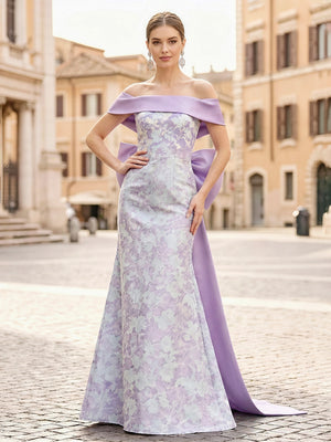 Mermaid Elegant Evening Dresses Jacquard Sleeveless Floor-Length Off-The-Shoulder Bowknot Wedding Guest