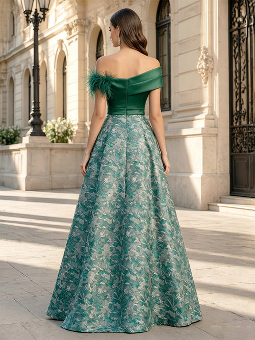 A-Line/Princess Elegant Evening Dresses Jacquard Sleeveless Floor-Length One-Shoulder With Feather Ruched Wedding Guest