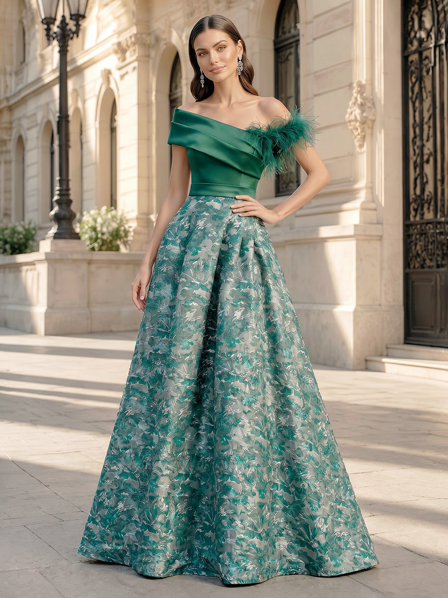 A-Line/Princess Elegant Evening Dresses Jacquard Sleeveless Floor-Length One-Shoulder With Feather Ruched Wedding Guest