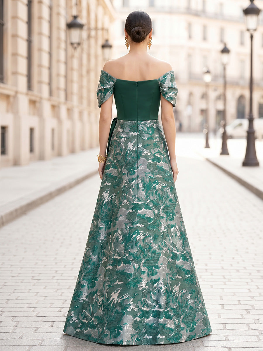 A-Line/Princess Evening Dresses Prom Dresses Jacquard Floor-Length Off-The-Shoulder Short Sleeves Sash Ruched Wedding Guest