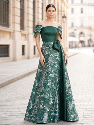 A-Line/Princess Evening Dresses Prom Dresses Jacquard Floor-Length Off-The-Shoulder Short Sleeves Sash Ruched Wedding Guest
