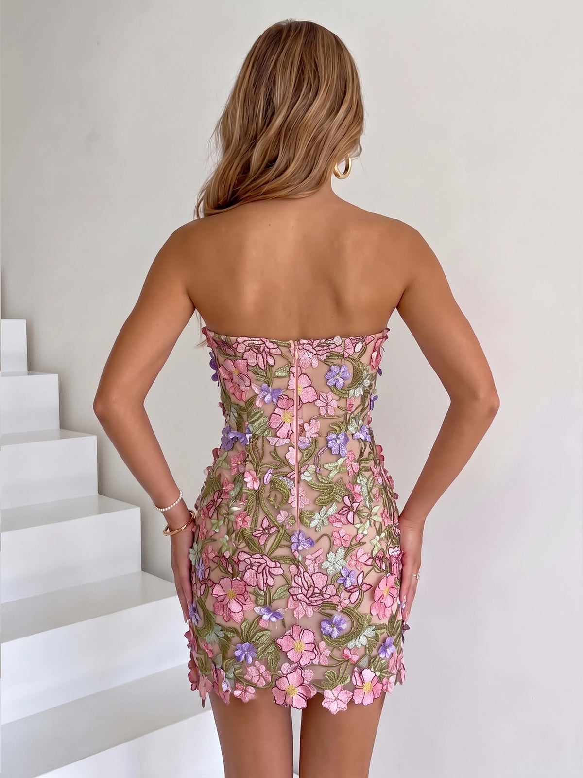 Sheath Strapless Homecoming Dresses Embroidery Floral Mini Party Dress with Flower