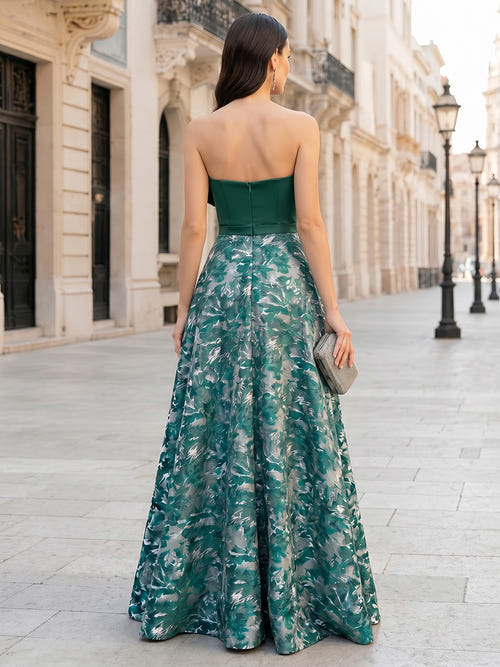 A-Line/Princess Evening Dresses Jacquard Sleeveless Floor-Length Strapless With Bowknot Split Side Wedding Guest
