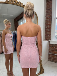 Sheath/Column Homecoming Dresses Sequins Strapless Sleeveless Short Hollow Zipper