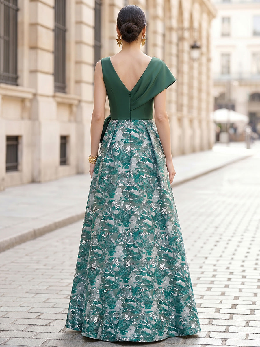 A-Line/Princess Mother Of The Bride Dresses Elegant Jacquard Sleeveless Floor-Length V-Neck Bowknot On Regular Straps Wedding Guest
