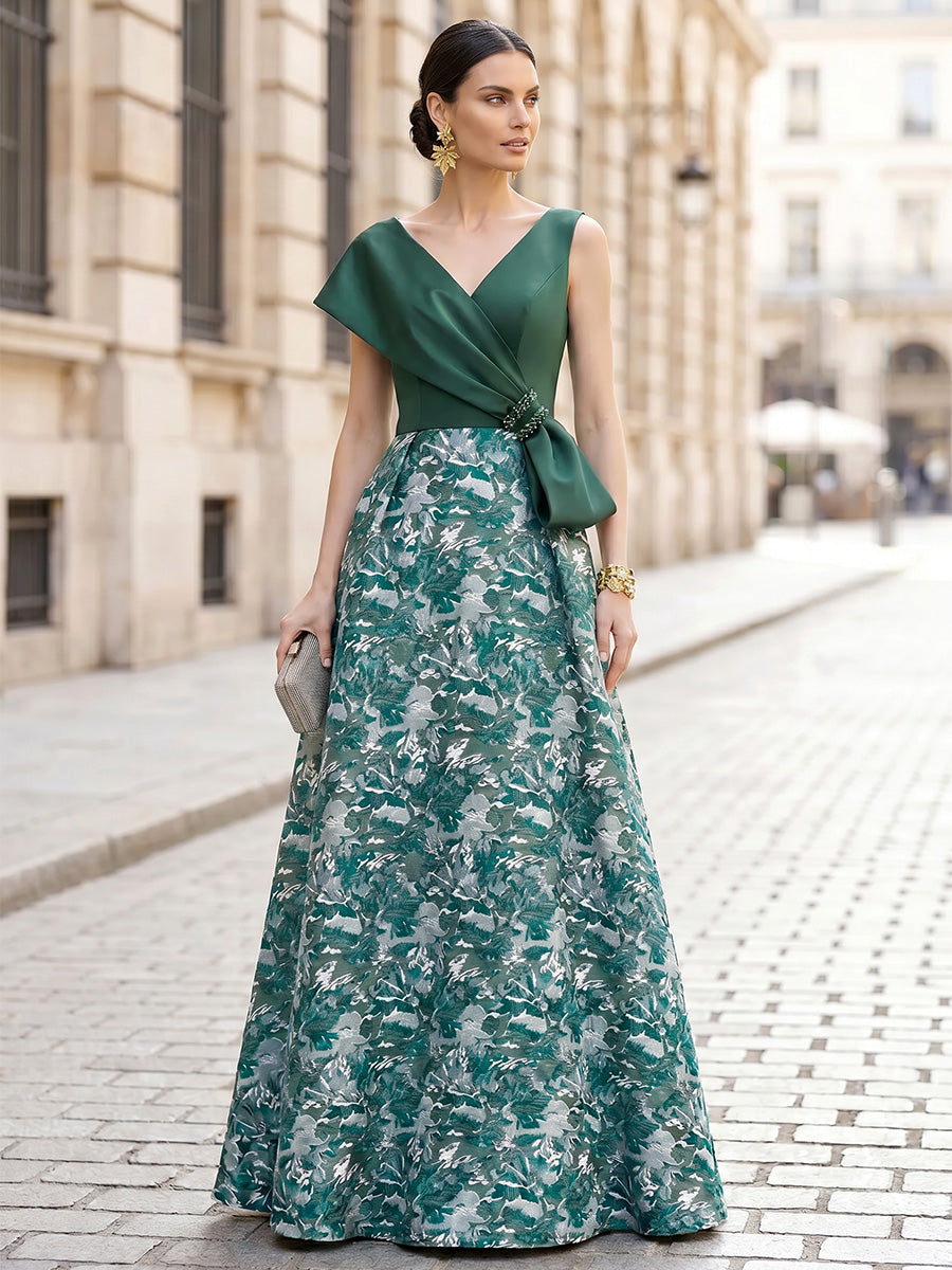 A-Line/Princess Mother Of The Bride Dresses Elegant Jacquard Sleeveless Floor-Length V-Neck Bowknot On Regular Straps Wedding Guest