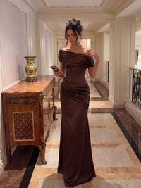 Sheath/Column Evening Dresses Ruched Satin Detachable Strapless Floor-Length Formal Dress Wedding Guest