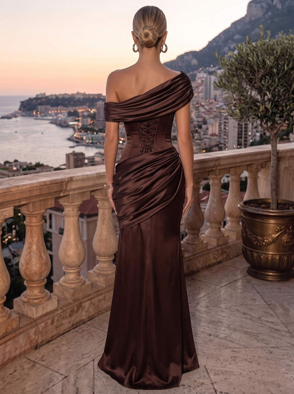 Sheath/Column Evening Dresses Ruched Satin Detachable Strapless Floor-Length Formal Dress Wedding Guest
