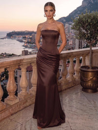 Sheath/Column Evening Dresses Ruched Satin Detachable Strapless Floor-Length Formal Dress Wedding Guest