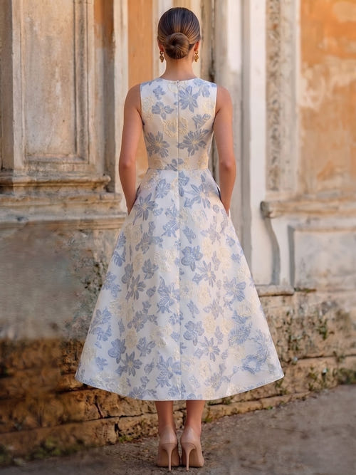 A-Line/Princess Jacquard Floral Cocktail Dresses Sleeveless Tulle Formal Ankle Length Dresses with Pocket