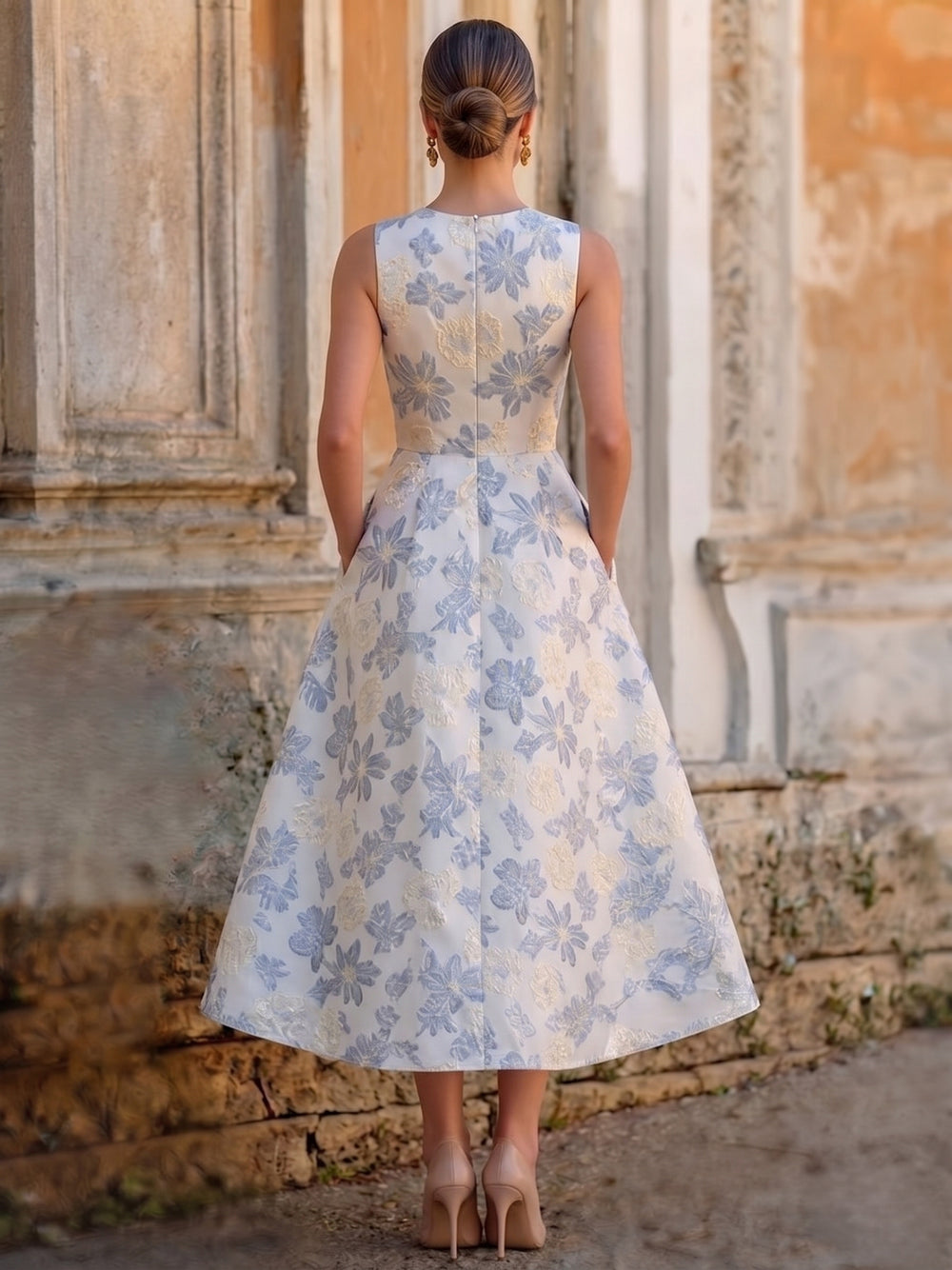 A-Line/Princess Jacquard Floral Cocktail Dresses Sleeveless Tulle Formal Ankle Length Dresses with Pocket