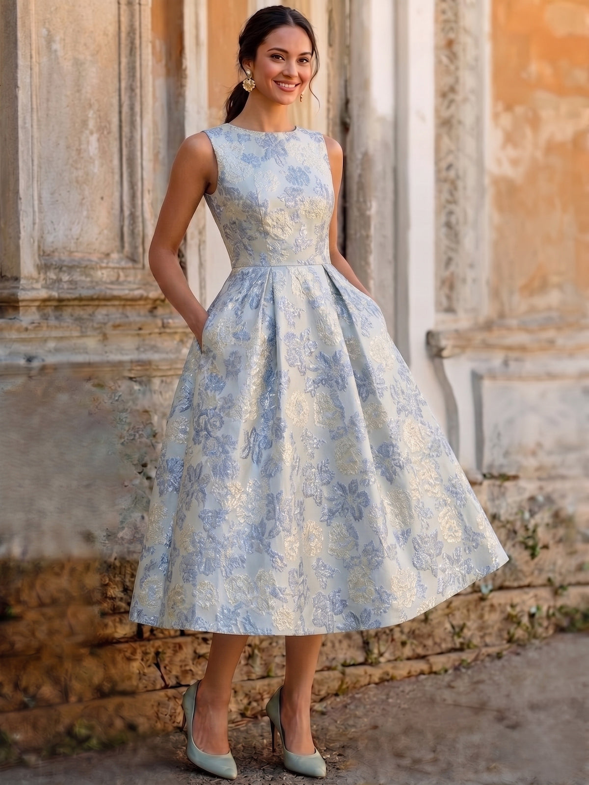 Nafori Blue A-Line/Princess Jacquard Floral Cocktail Dresses Sleeveless Tulle Formal Ankle Length Dresses with Pocket 2026